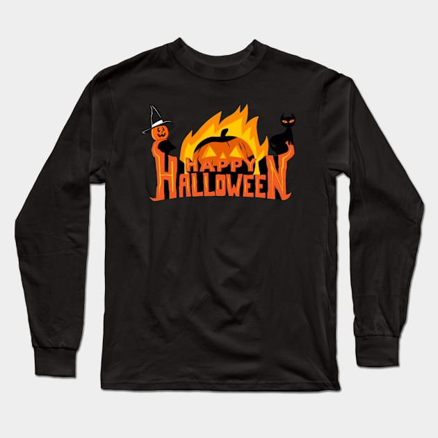 Happy Halloween! Cute Halloween Pumpkin Hat Black Cat Autumn Vibes Long Sleeve T-Shirt by BellaPixel